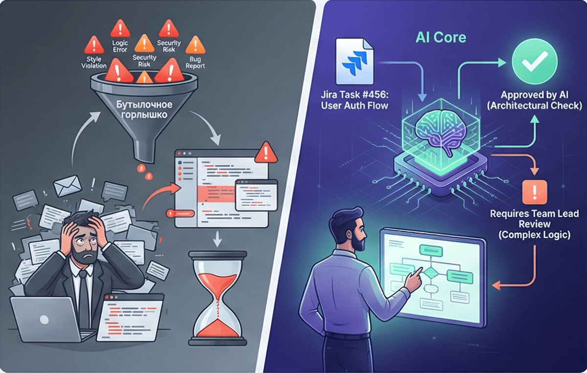 Слева уставший тимлид, справа тип лид, который просто справявлется с помощью Dev-hub Ai
